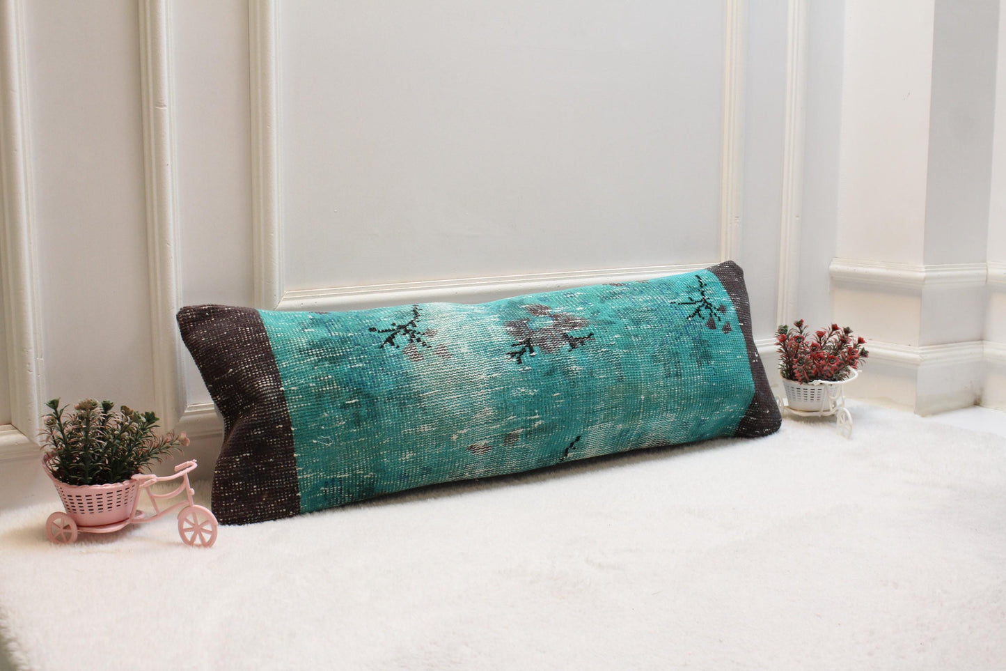 Vintage Turkish Rug Lumbar Pillow: Turquoise Boho Cushion (12x36 inch)