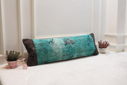 Vintage Turkish Rug Lumbar Pillow: Turquoise Boho Cushion (12x36 inch)