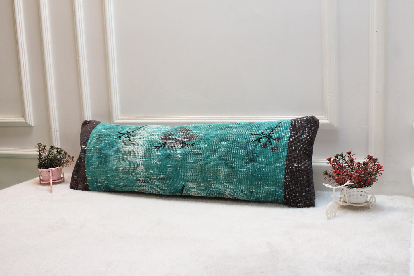 Vintage Turkish Rug Lumbar Pillow: Turquoise Boho Cushion (12x36 inch)