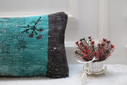 Vintage Turkish Rug Lumbar Pillow: Turquoise Boho Cushion (12x36 inch)