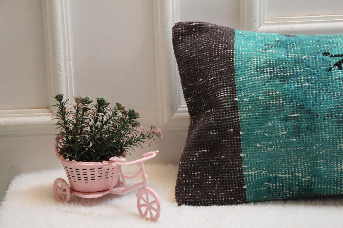 Vintage Turkish Rug Lumbar Pillow: Turquoise Boho Cushion (12x36 inch)