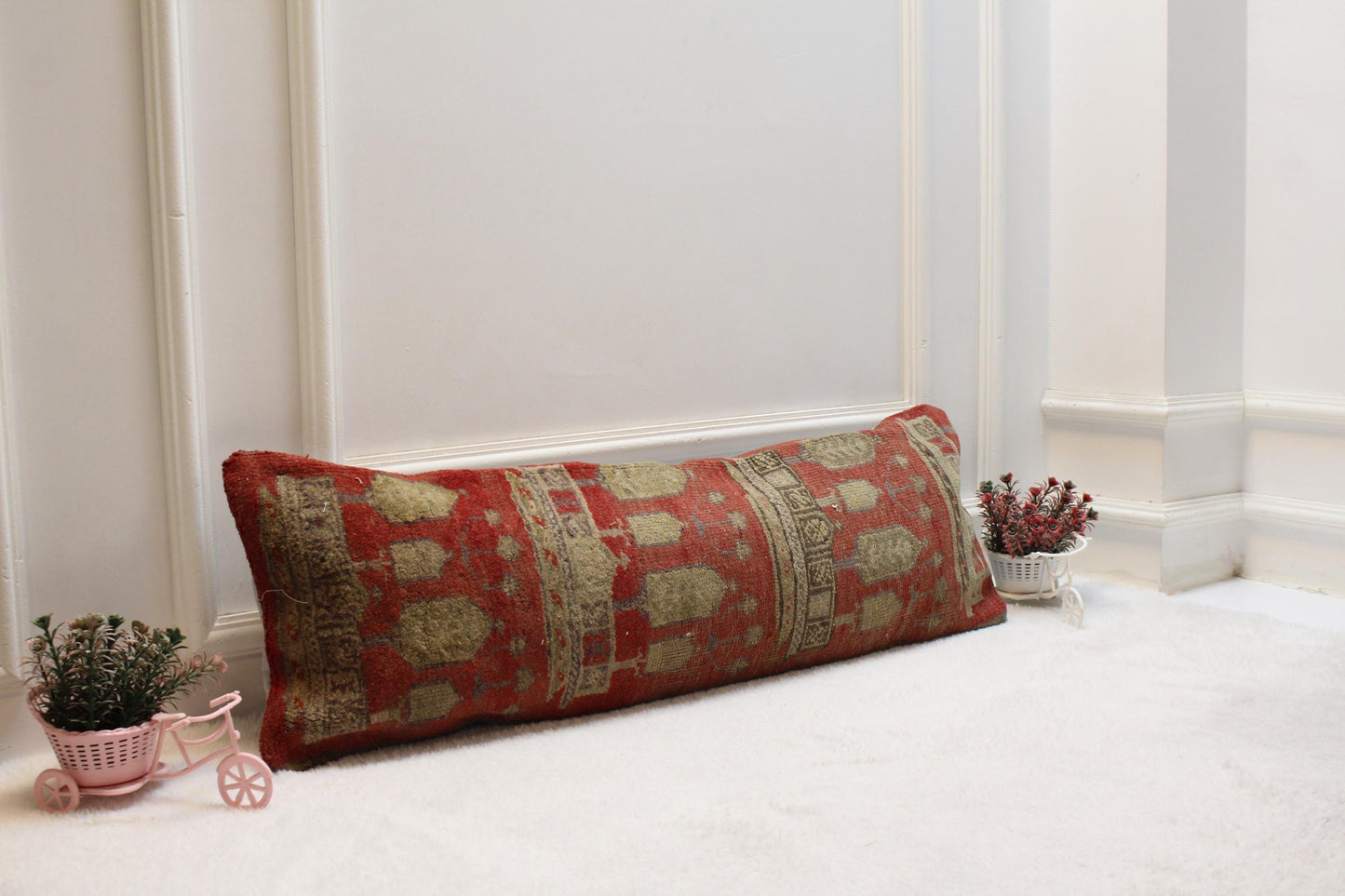Vintage Turkish Rug Lumbar Pillow: Rustic Red & Beige Accent (12x36 inch)