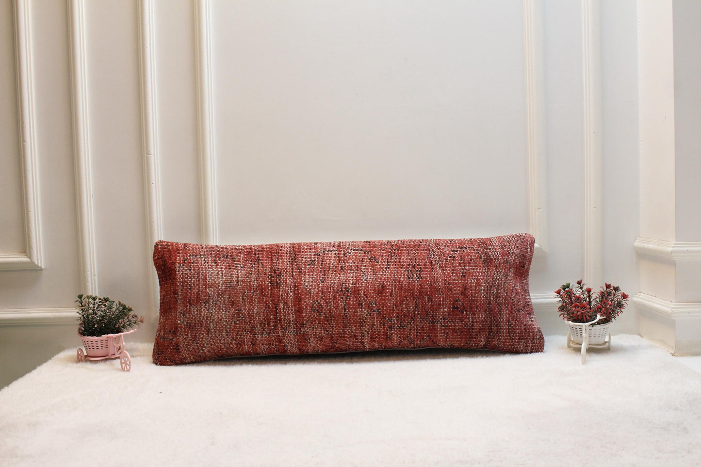 Tribal Lumbar Pillow: Vintage Turkish Rug Cushion, Red Beige Olive (12x36 inch)