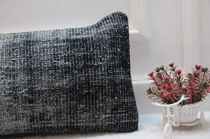 Black Turkish Rug Lumbar Pillow Cover: Vintage Woven Wool, 12x36 inch