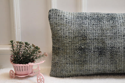 Black Turkish Rug Lumbar Pillow Cover: Vintage Woven Wool, 12x36 inch