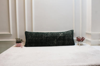 Vintage Kilim Lumbar Pillow Cover 12x36 – Forest Green Turkish Wool Cushion