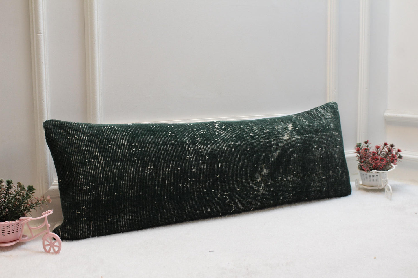 Vintage Kilim Lumbar Pillow Cover 12x36 – Forest Green Turkish Wool Cushion