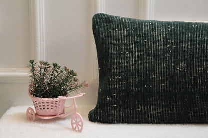 Vintage Kilim Lumbar Pillow Cover 12x36 – Forest Green Turkish Wool Cushion