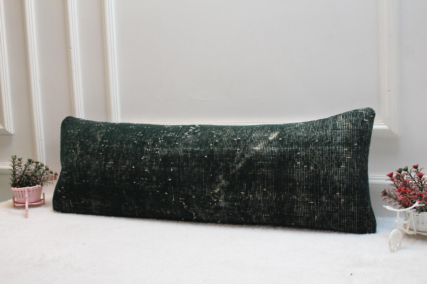 Vintage Kilim Lumbar Pillow Cover 12x36 – Forest Green Turkish Wool Cushion