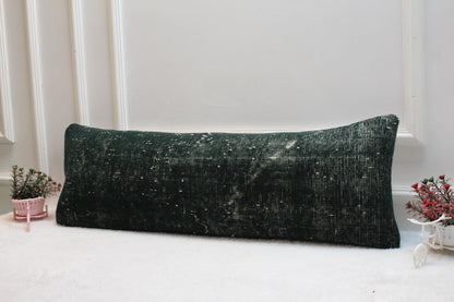 Vintage Kilim Lumbar Pillow Cover 12x36 – Forest Green Turkish Wool Cushion