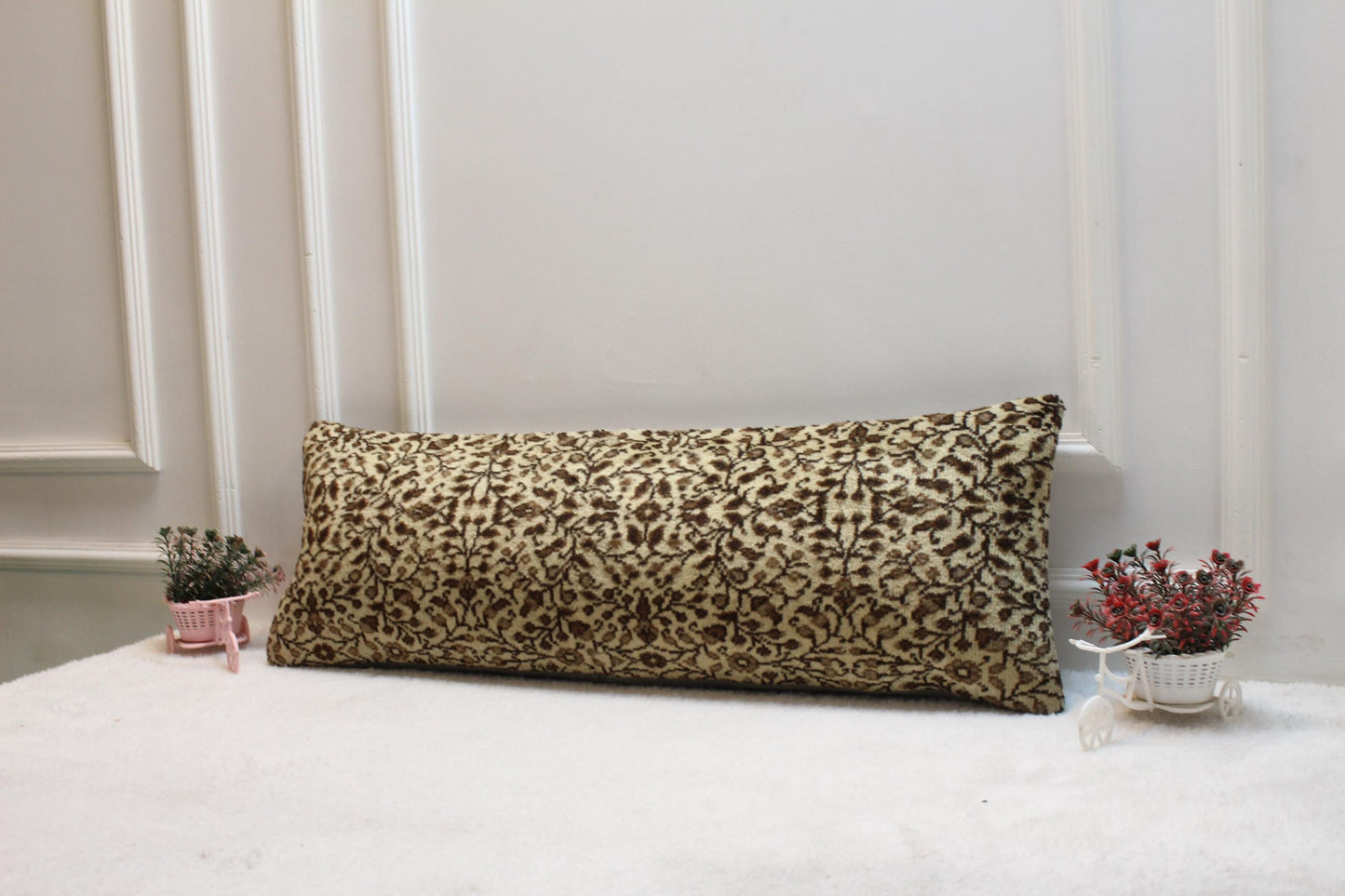 Handwoven Kilim Lumbar Pillow Cover 12x36 – Beige & Brown Floral