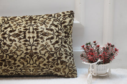 Handwoven Kilim Lumbar Pillow Cover 12x36 – Beige & Brown Floral