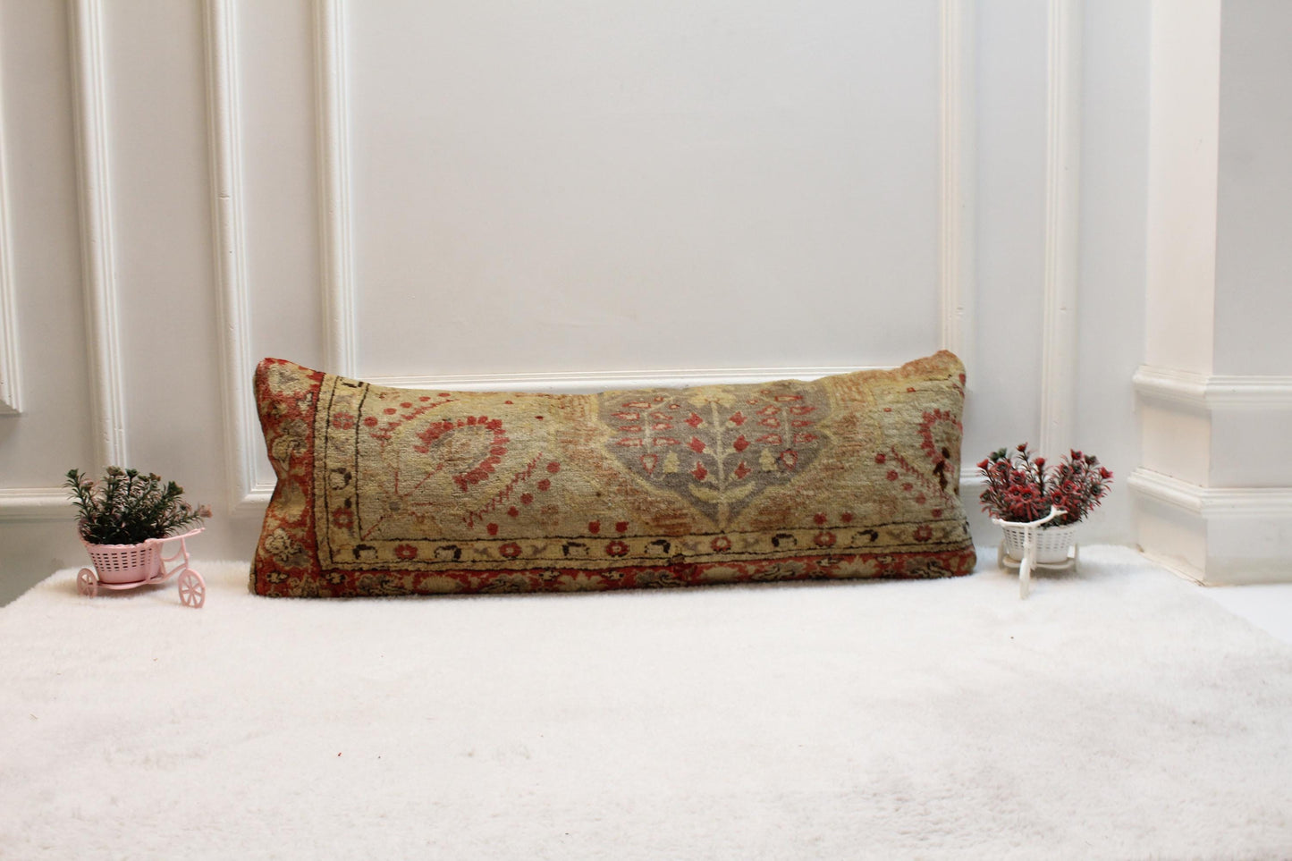 Turkish Kilim Lumbar Pillow 12x36 – Woven Red Beige Wool Cushion
