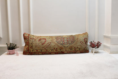 Turkish Kilim Lumbar Pillow 12x36 – Woven Red Beige Wool Cushion