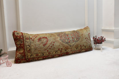 Turkish Kilim Lumbar Pillow 12x36 – Woven Red Beige Wool Cushion