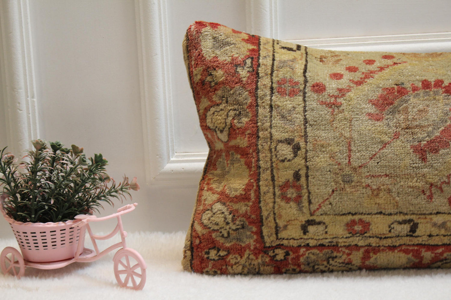 Turkish Kilim Lumbar Pillow 12x36 – Woven Red Beige Wool Cushion