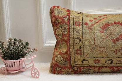 Turkish Kilim Lumbar Pillow 12x36 – Woven Red Beige Wool Cushion