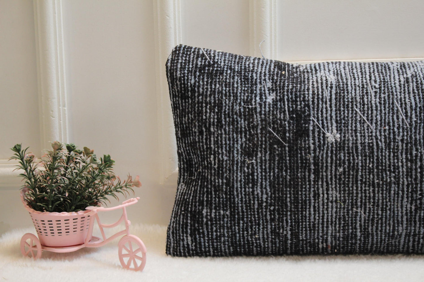 Handmade Turkish Kilim Lumbar Pillow – Black and White Wool Cushion 12x36