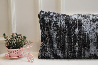 Handmade Turkish Kilim Lumbar Pillow – Black and White Wool Cushion 12x36