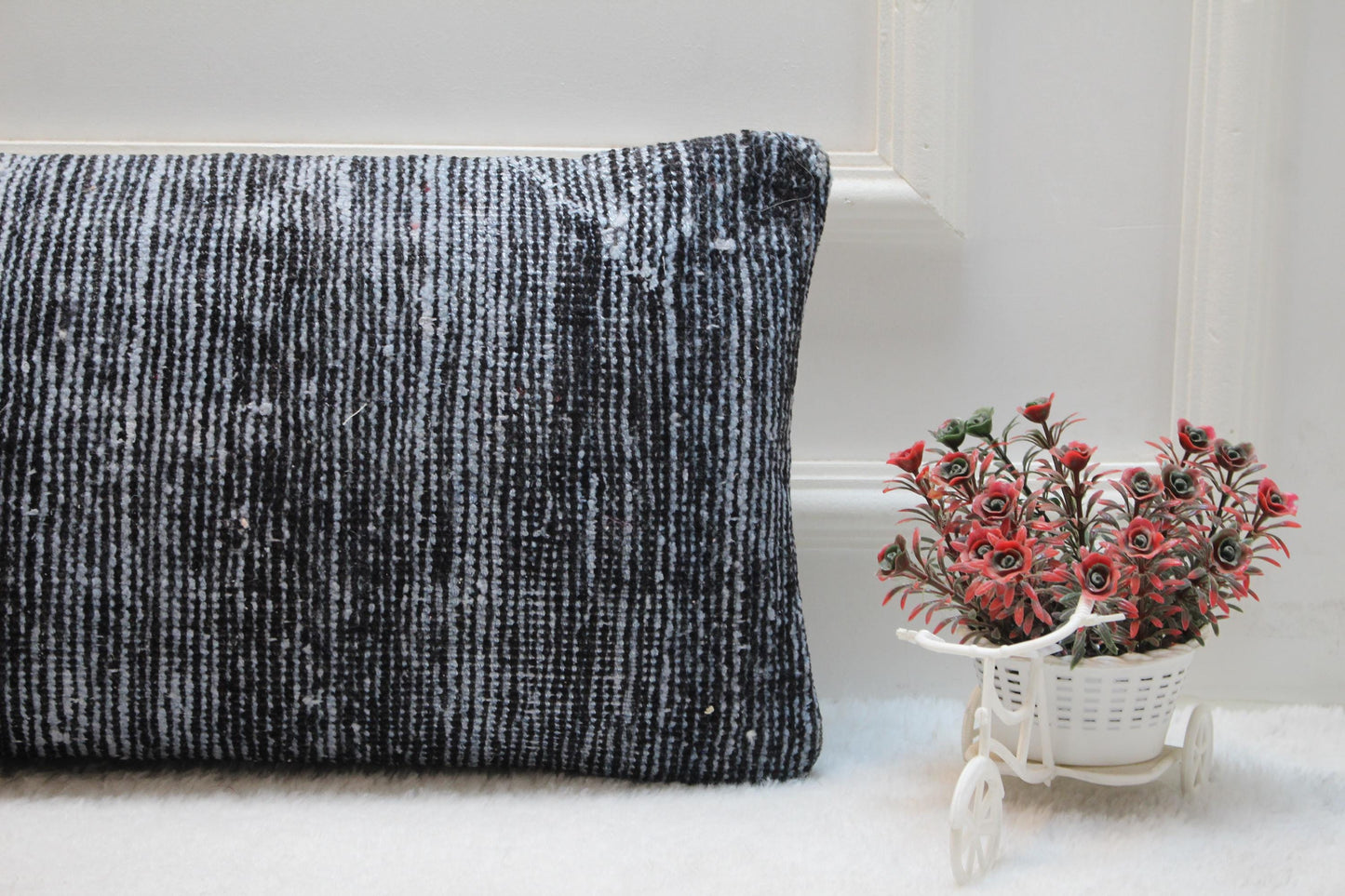 Handmade Turkish Kilim Lumbar Pillow – Black and White Wool Cushion 12x36