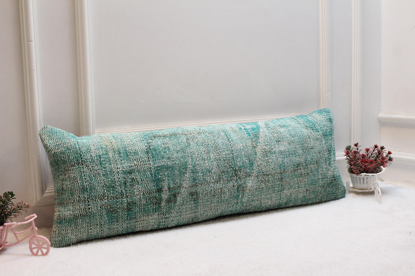 Pastel Mint Vintage Kilim Cushion – 12x36” Wool Lumbar Pillow, Turkish Handwoven Textile