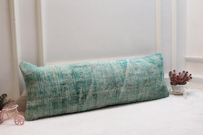 Pastel Mint Vintage Kilim Cushion – 12x36” Wool Lumbar Pillow, Turkish Handwoven Textile