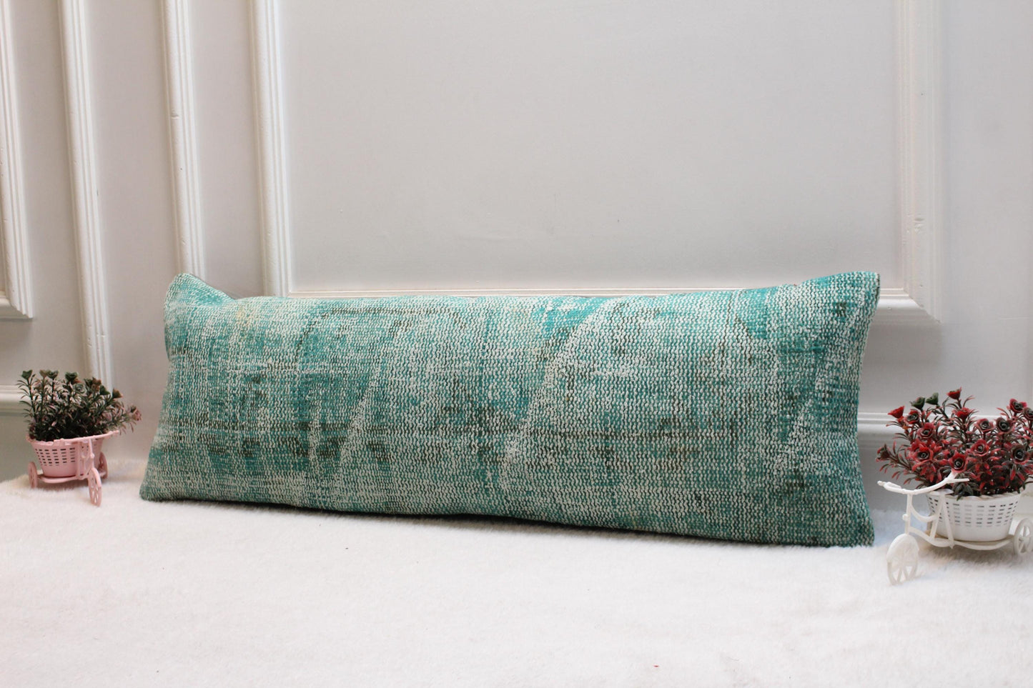 Pastel Mint Vintage Kilim Cushion – 12x36” Wool Lumbar Pillow, Turkish Handwoven Textile
