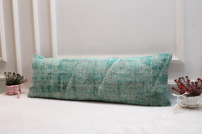 Pastel Mint Vintage Kilim Cushion – 12x36” Wool Lumbar Pillow, Turkish Handwoven Textile