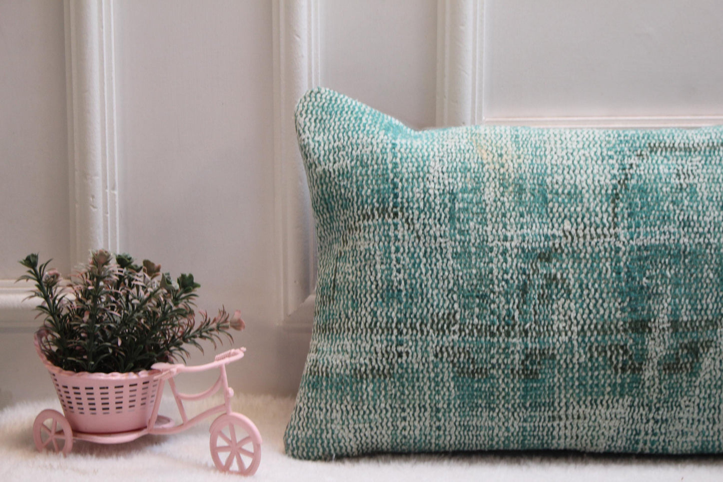 Pastel Mint Vintage Kilim Cushion – 12x36” Wool Lumbar Pillow, Turkish Handwoven Textile