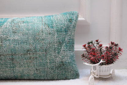 Pastel Mint Vintage Kilim Cushion – 12x36” Wool Lumbar Pillow, Turkish Handwoven Textile