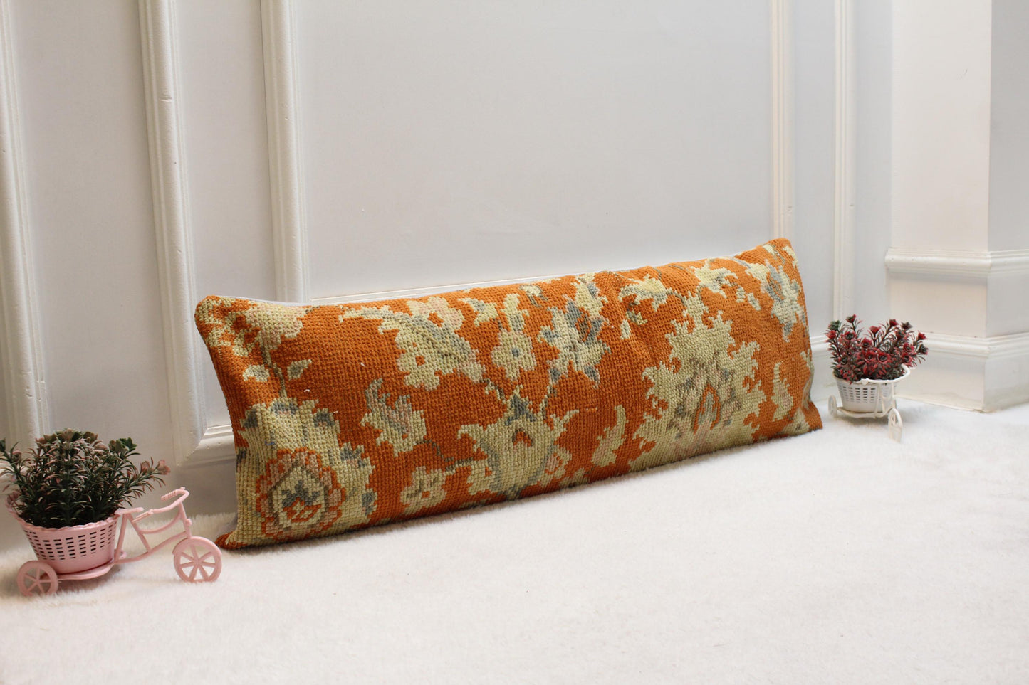 Bold Orange Kilim Pillow – 12x24” Turkish Vintage Lumbar Cushion with Floral Design, Handwoven Wool