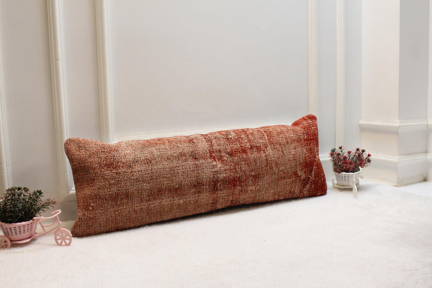 Vintage Turkish Rug Print Lumbar Pillow: Burnt Orange Boho Cushion (12x24 inch)