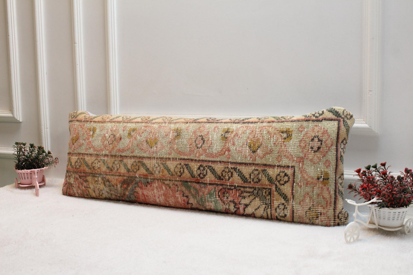 Pastel Vintage Kilim Pillow 12x24” – Antique Turkish Rug Cushion in Soft Pinks & Beige Floral