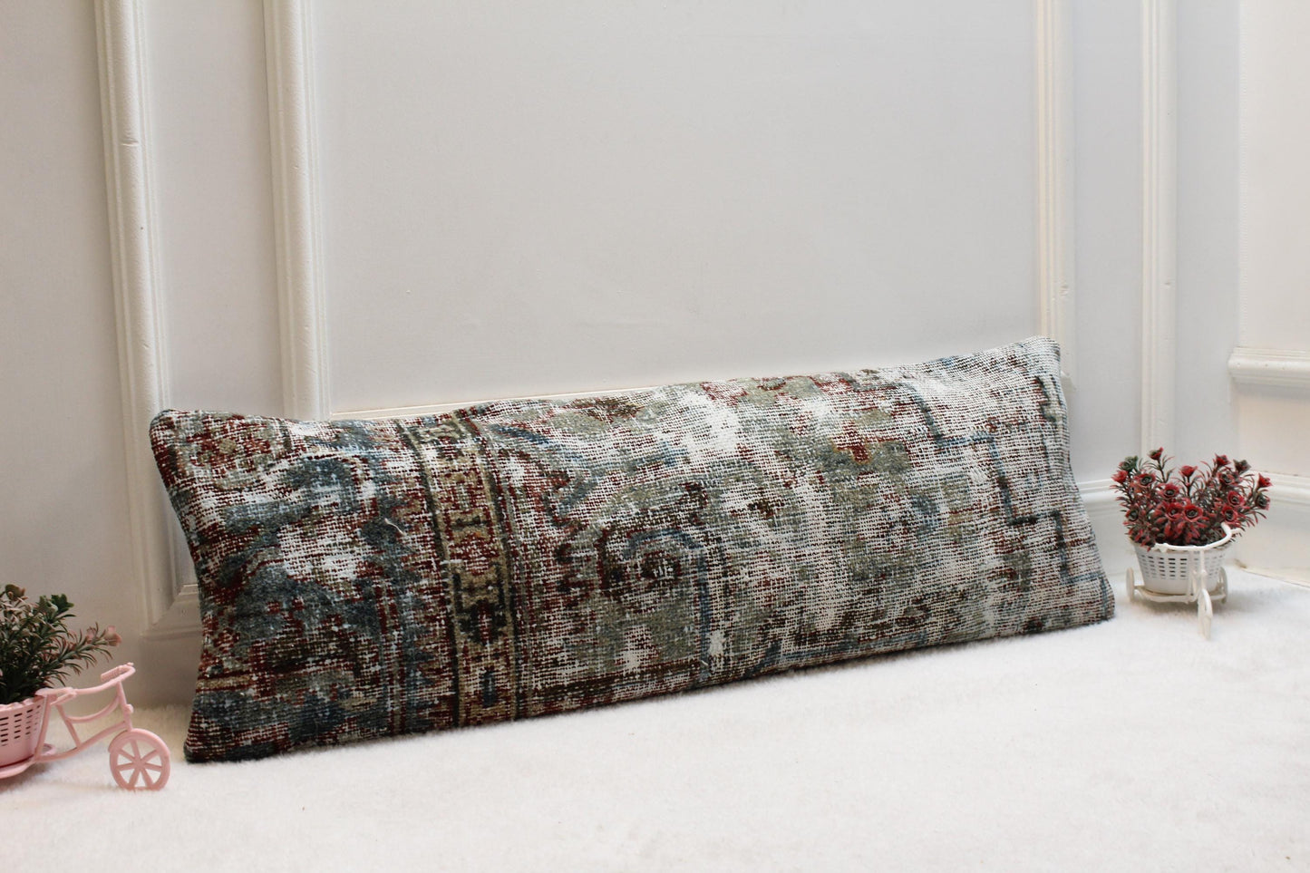 Wabi-Sabi Turkish Kilim Pillow – 12x24” Handwoven Lumbar Cushion in Weathered Blue & Grey