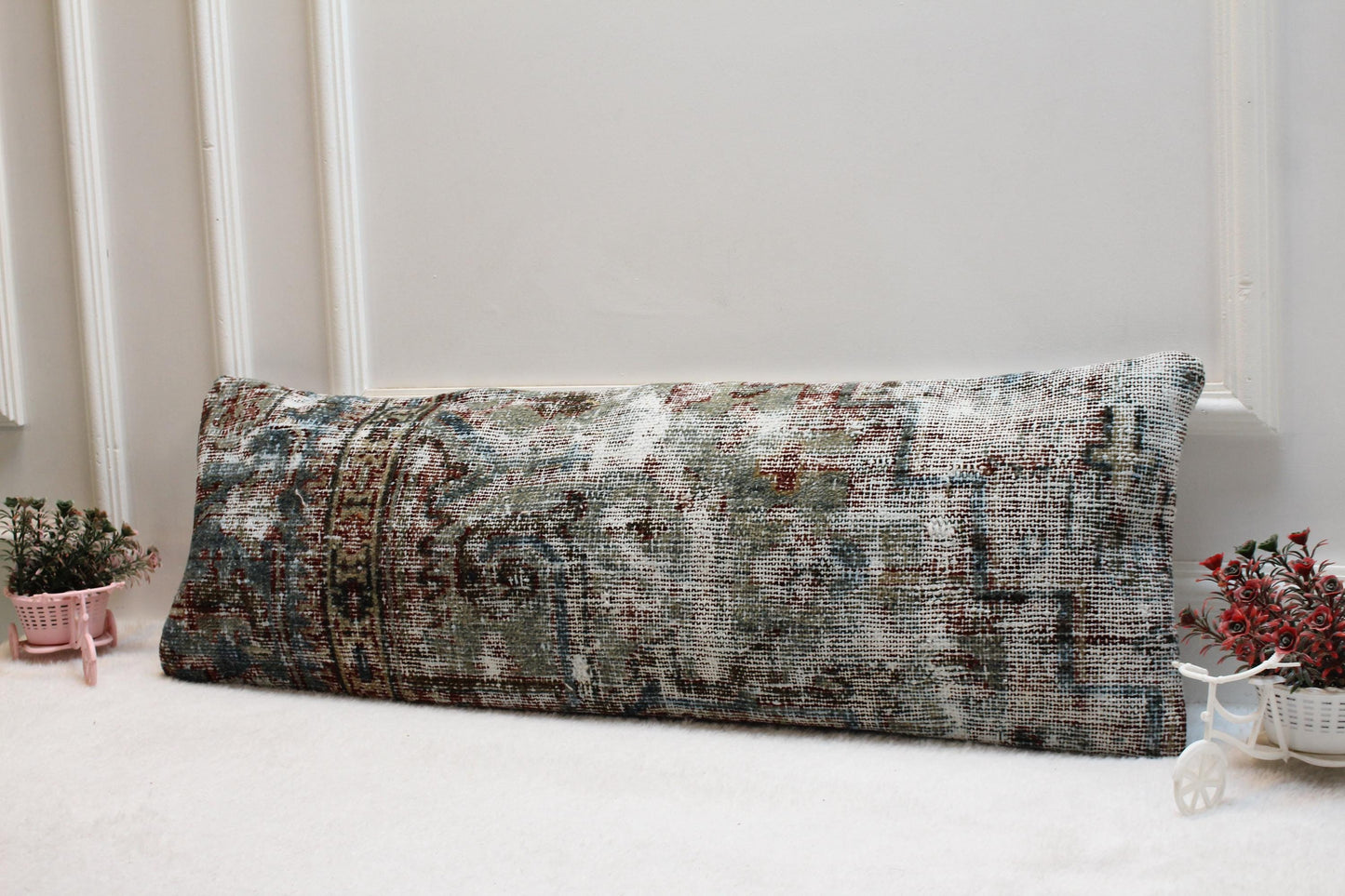 Wabi-Sabi Turkish Kilim Pillow – 12x24” Handwoven Lumbar Cushion in Weathered Blue & Grey