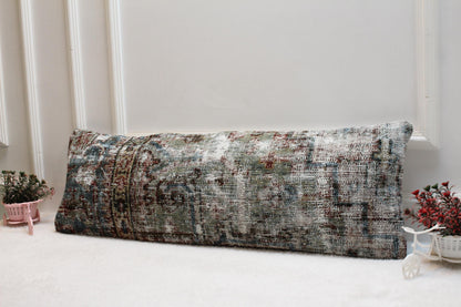 Wabi-Sabi Turkish Kilim Pillow – 12x24” Handwoven Lumbar Cushion in Weathered Blue & Grey