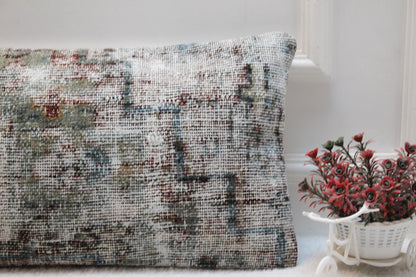Wabi-Sabi Turkish Kilim Pillow – 12x24” Handwoven Lumbar Cushion in Weathered Blue & Grey