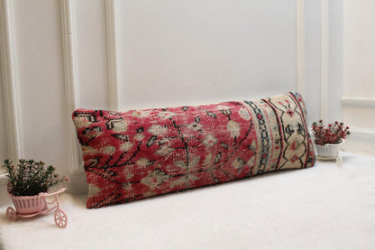 Pink and Beige Kilim Pillow – Traditional Turkish Handmade Cushion, 12x24” Boho Decor Accent