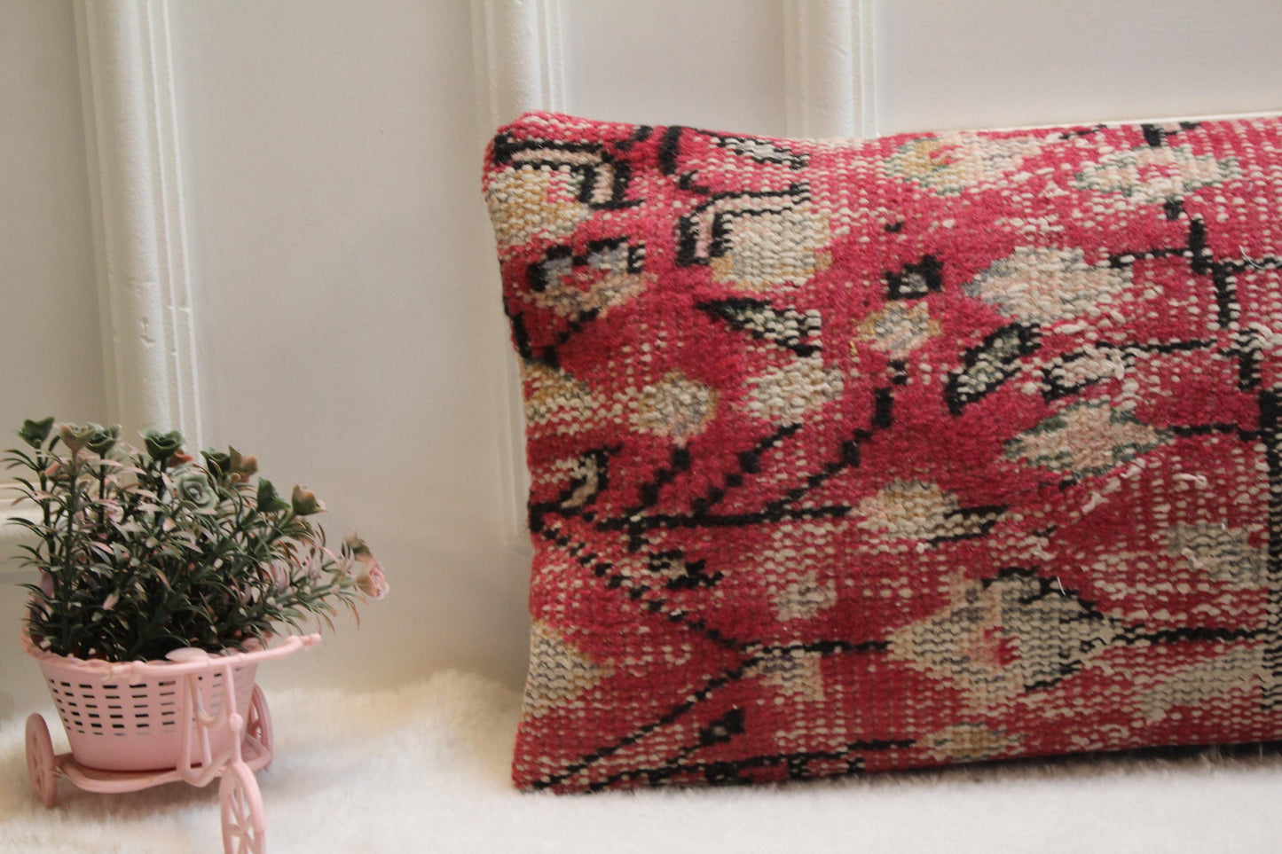 Pink and Beige Kilim Pillow – Traditional Turkish Handmade Cushion, 12x24” Boho Decor Accent