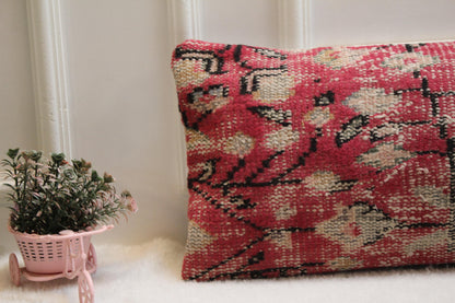 Pink and Beige Kilim Pillow – Traditional Turkish Handmade Cushion, 12x24” Boho Decor Accent