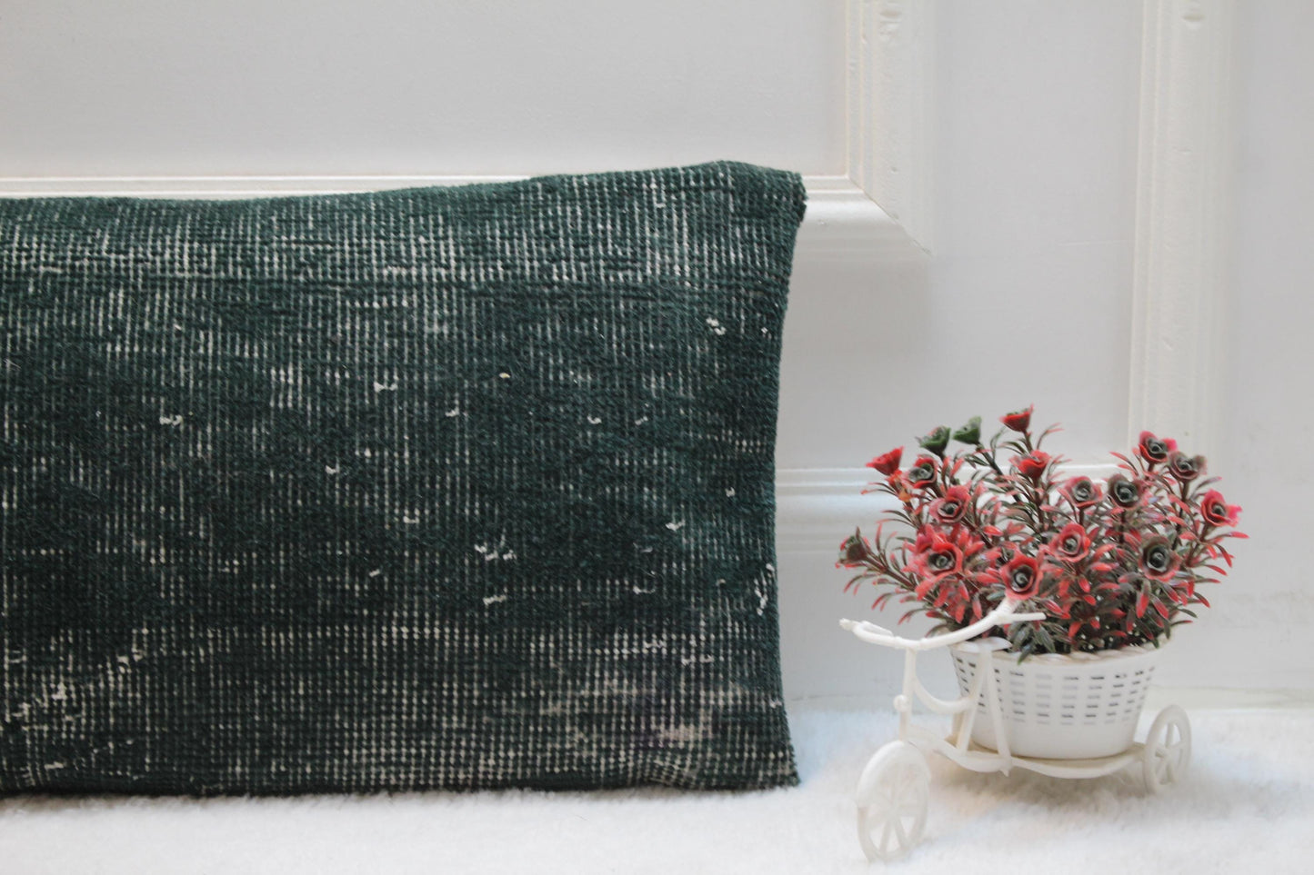 Forest Green Turkish Rug Lumbar Pillow Cover: Vintage Printed Cushion (12x36)