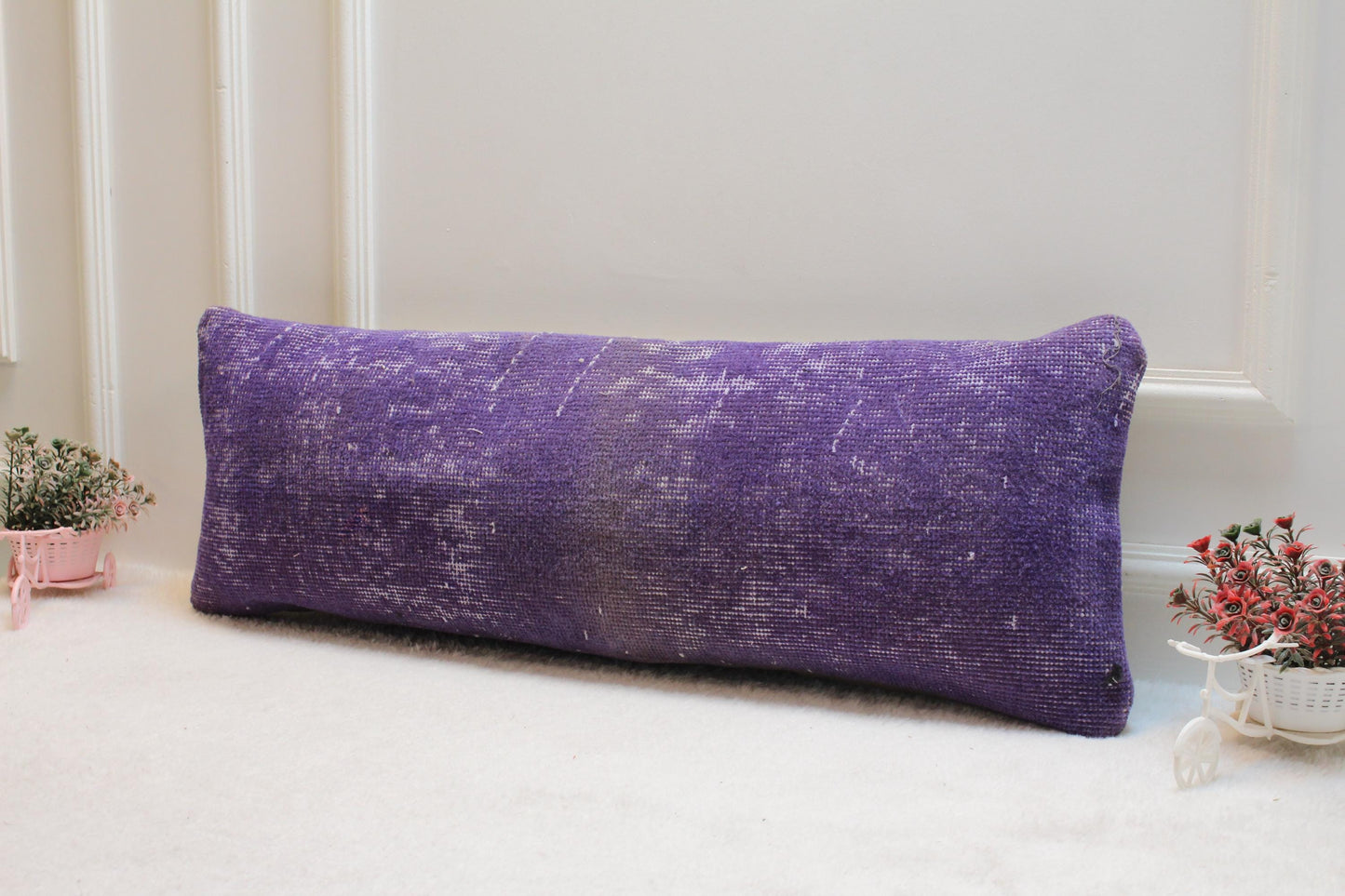 Purple Turkish Rug Lumbar Pillow Cover: Distressed Boho Bolster (12x36)