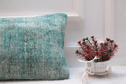 Mint Green Turkish Rug Lumbar Pillow Cover: Distressed Boho Decor (12x36)