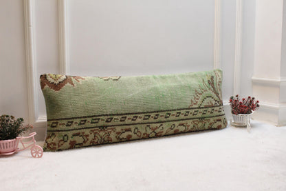 Green Kilim Lumbar Pillow Cover – Turkish Rug, Boho Home Decor (12x36”)
