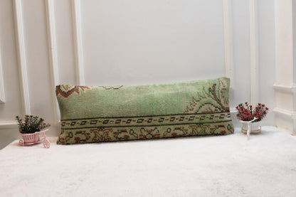 Green Kilim Lumbar Pillow Cover – Turkish Rug, Boho Home Decor (12x36”)