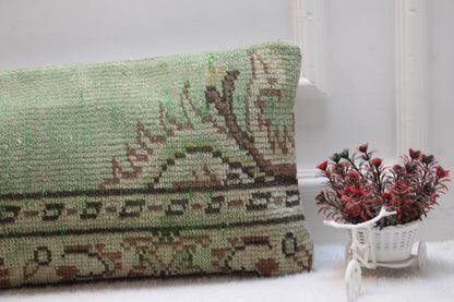 Green Kilim Lumbar Pillow Cover – Turkish Rug, Boho Home Decor (12x36”)