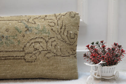 Handwoven Turkish Kilim Lumbar Pillow – Cream & Tan, Vintage Accent (12x36 inch)