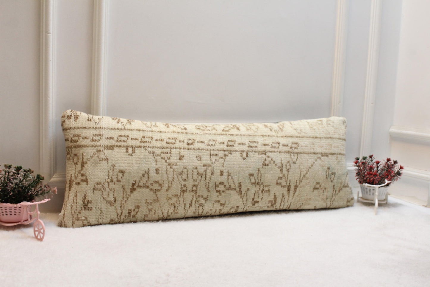 Handwoven Kilim Lumbar Pillow Cover – Cream & Tan Turkish Rug, 12x36”