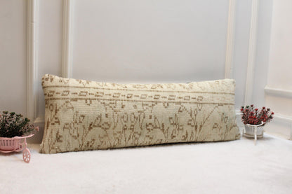 Handwoven Kilim Lumbar Pillow Cover – Cream & Tan Turkish Rug, 12x36”