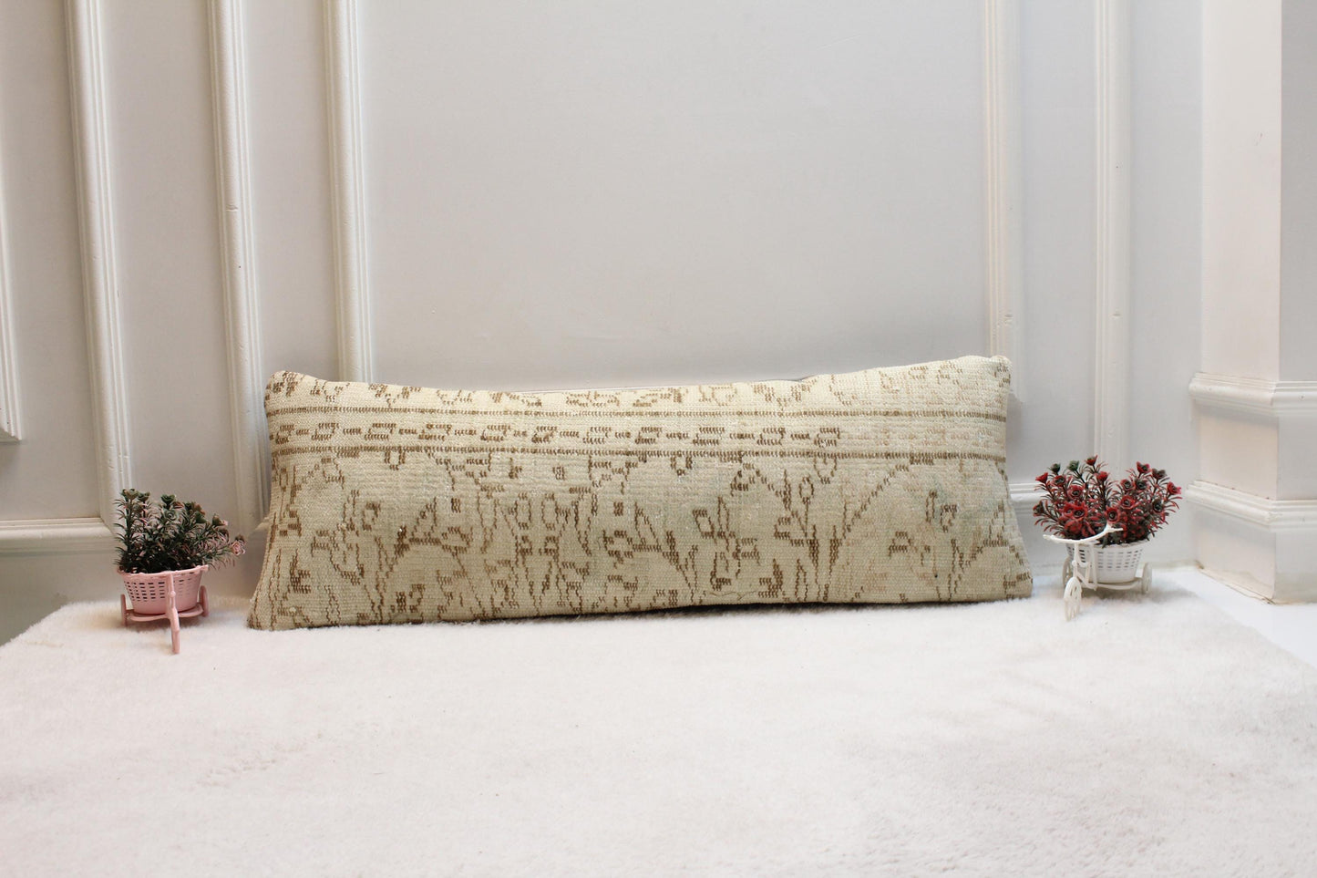 Handwoven Kilim Lumbar Pillow Cover – Cream & Tan Turkish Rug, 12x36”